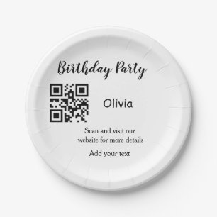 Simple birthday party website barcode QR add name Paper Plate