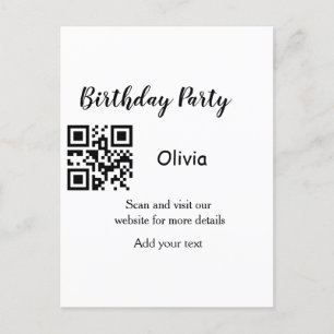 Simple birthday party website barcode QR add name  Postcard