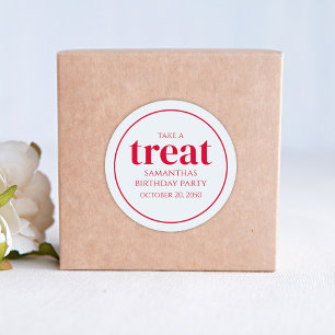 Simple Birthday Treat Favor Modern Red Grey Classic Round Sticker