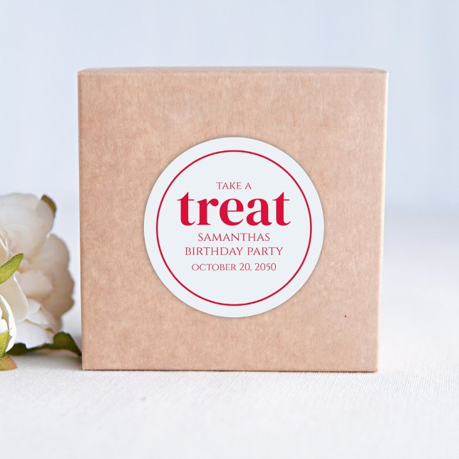 Simple Birthday Treat Favor Modern Red Grey Classic Round Sticker (Creator Uploaded)