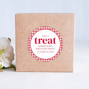 Simple Birthday Treat Favour Modern Red Gingham Classic Round Sticker