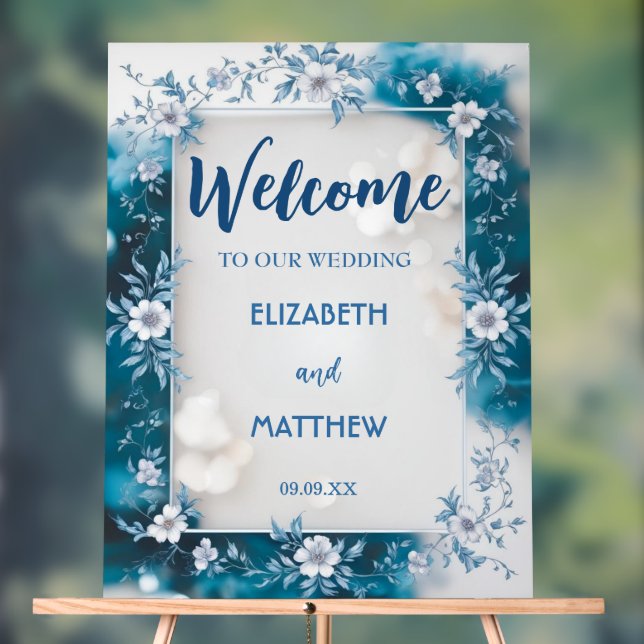 Simple Biue & White Overlay Flowers wedding Acrylic Sign (Neutral)