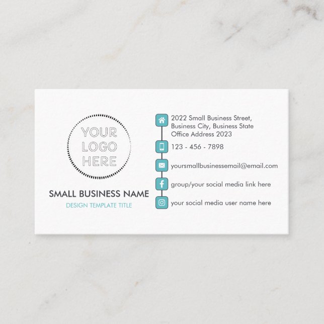 Simple Biz Custom Logo Social Media Icons Teal Business Card (Front)