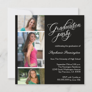 Simple black 3 photo graduation party announcement