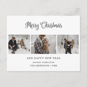 Simple Black 3 Photo Merry Christmas Postcards