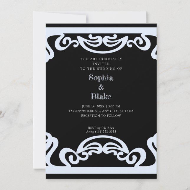 Simple Black and Blue Art Deco Wedding Invitation (Front)
