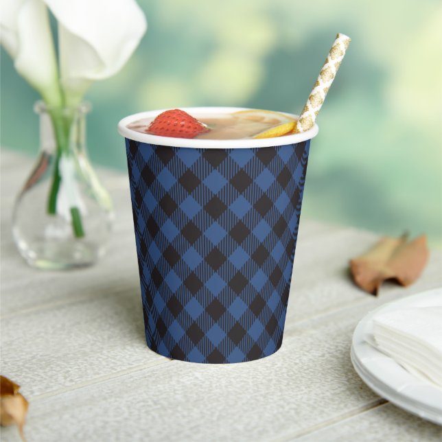 Simple Black and Blue Buffalo Plaid Paper Cups (Insitu)