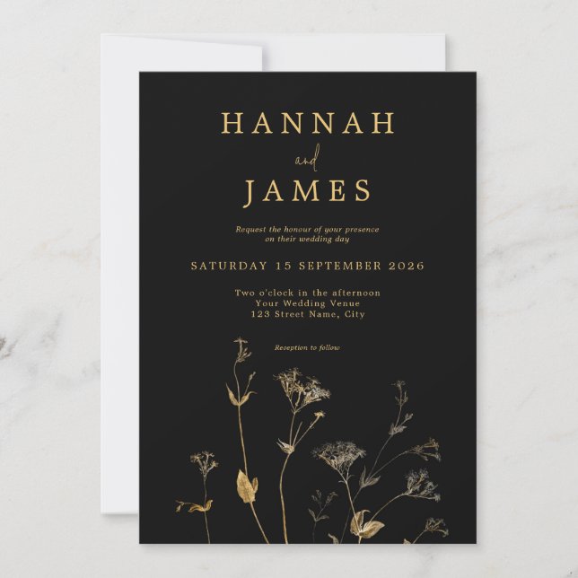 Simple Black and Gold Chic Wildflower Wedding Invitation (Front)