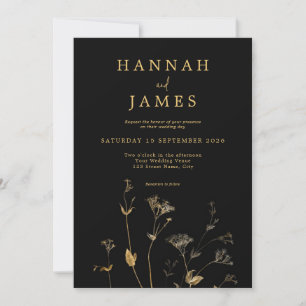 Simple Black and Gold Chic Wildflower Wedding Invitation