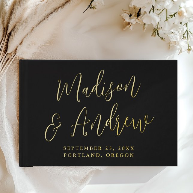 Simple Black and Gold Foil Script Photo Wedding Guest Book (Creator Uploaded)