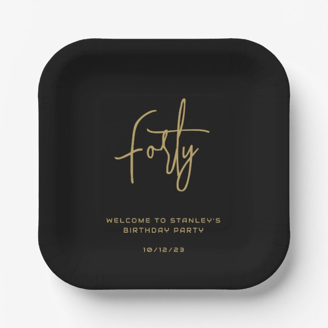 Simple Black and Gold Forty Birthday Party Paper Plate (Front)