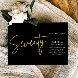Simple Black and Gold Glitter 70th Birthday Invitation