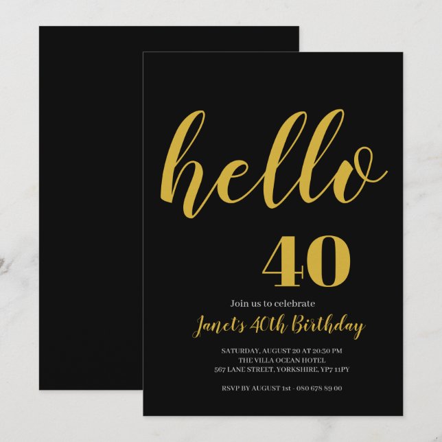 Simple Black and Gold Hello 40th 50th Birthday Invitation (Front/Back)