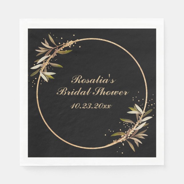 Simple Black and Gold Leaf  Frame Bridal Shower Napkin (Front)