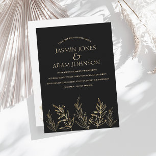 Simple Black and Gold Leaves Wedding Invitation