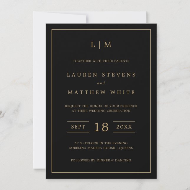 Simple Black and Gold Monogram Elegant Wedding Invitation (Front)