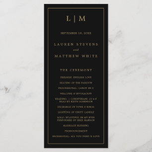 Simple Black and Gold Monogram Elegant Wedding Programme