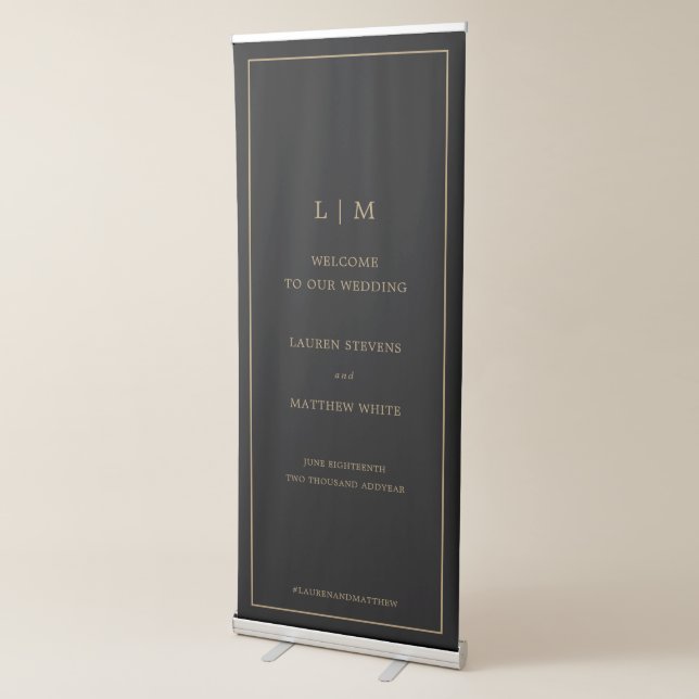 Simple Black and Gold Monogram Elegant Wedding Retractable Banner (3/4)