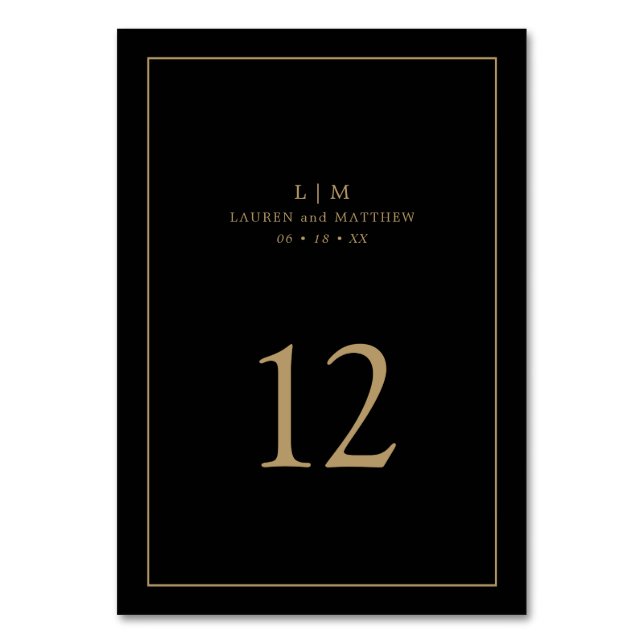 Simple Black and Gold Monogram Elegant Wedding Table Number (Front)