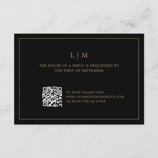Simple Black and Gold Monogram QR Code Wedding RSVP Card (Front)
