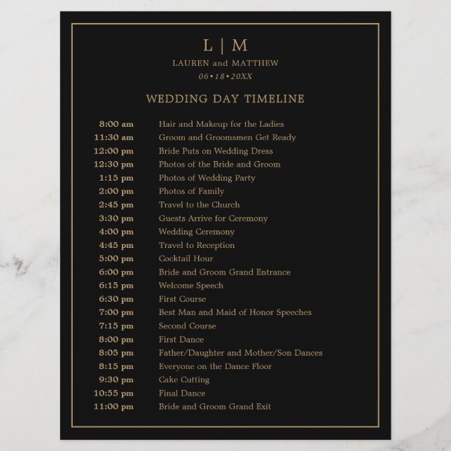 Simple Black and Gold Monogram Wedding Timeline (Front)