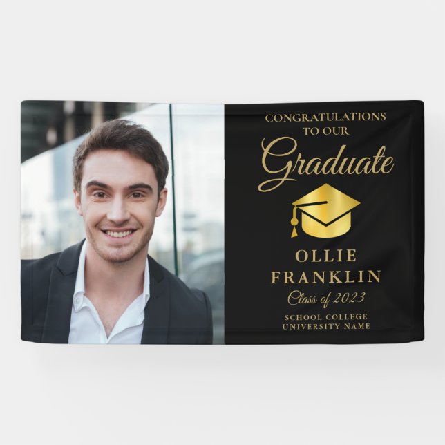 Simple Black And Gold Photo Graduation Banner (Horizontal)