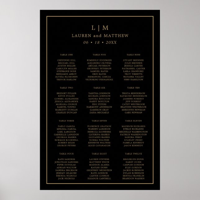 Simple Black and Gold Wedding Seating Chart (Front)