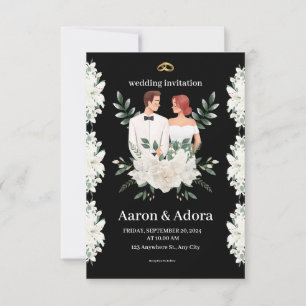 Simple black and green floral wedding invitation