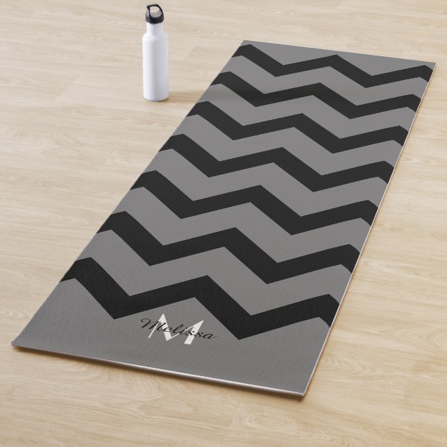 Simple Black and grey Chevron pattern Monogram Yoga Mat (In Situ)