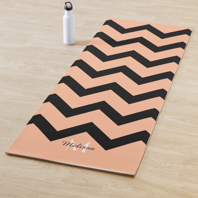 Simple Black and peach Chevron pattern Monogram Yoga Mat (In Situ)