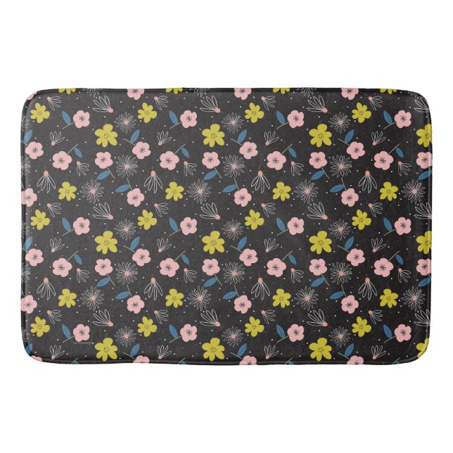 Simple Black and Pink Illustration Floral Pattern Bath Mat (Front)