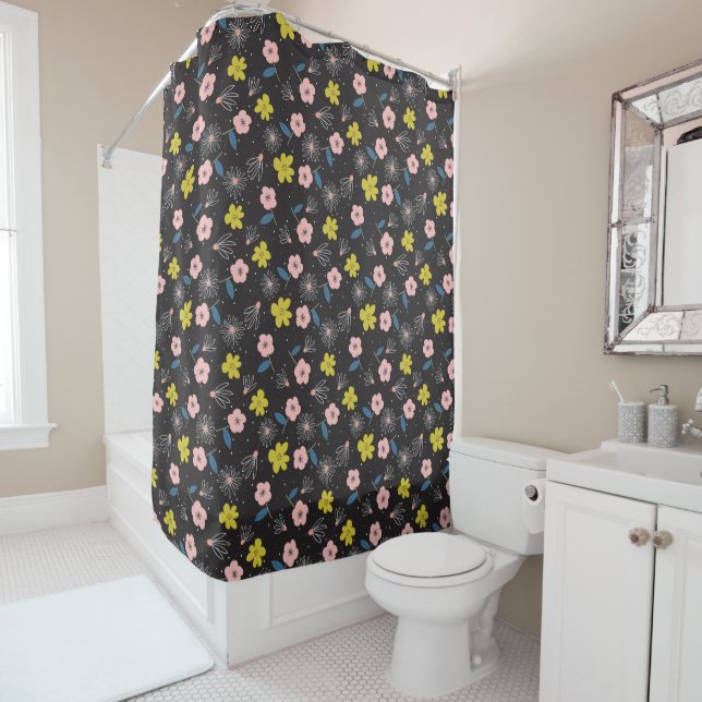 Simple Black and Pink Illustration Floral Pattern Shower Curtain (In Situ)