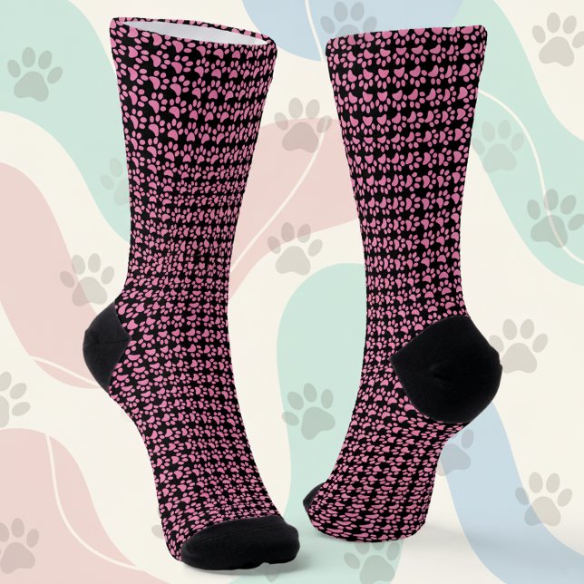 Simple Black and Pink Paw Print Socks for Her (Pink and black paw print socks.)