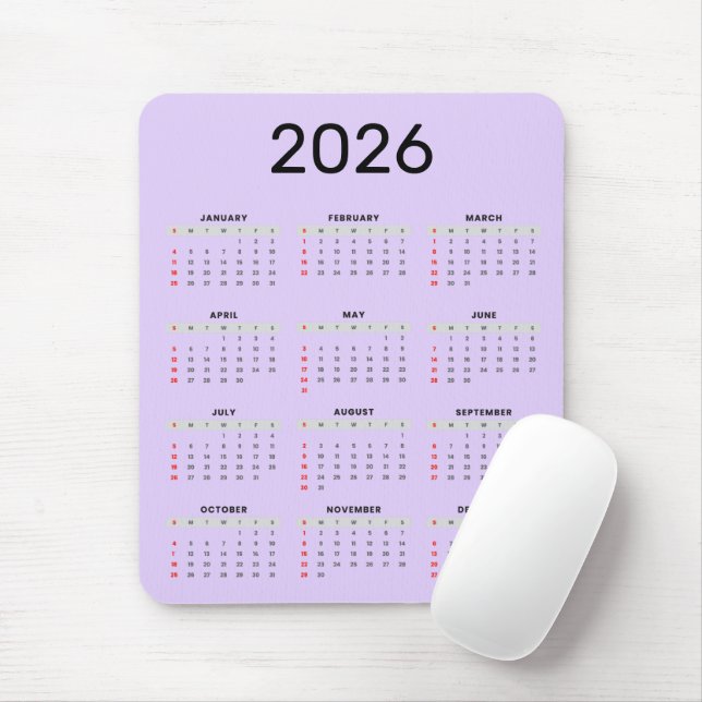 Simple black and purple 2026 Calendar  Mouse Mat (With Mouse)