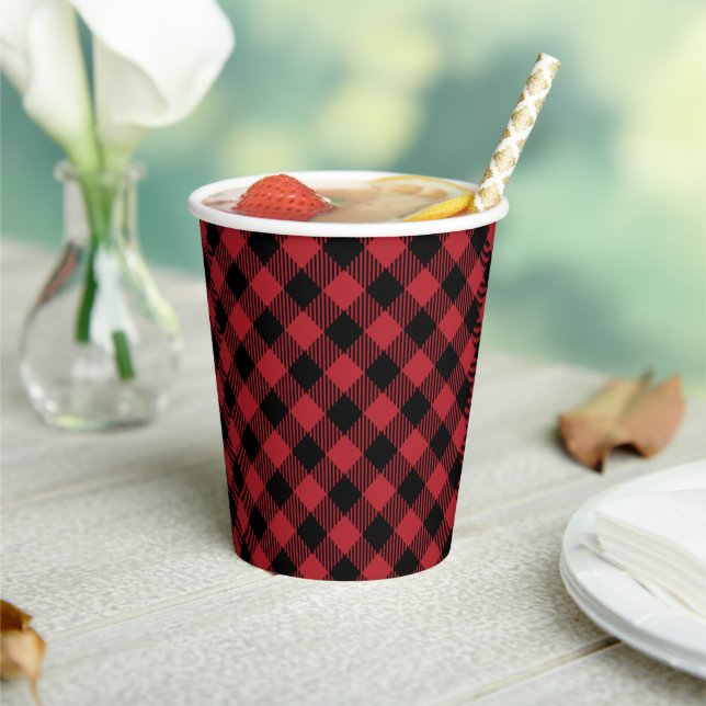 Simple Black and Red Buffalo Plaid Paper Cups (Insitu)