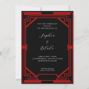 Simple Black and Red Vintage Art Deco Wedding Invitation