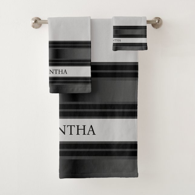 Simple Black And Silver Geometric Stripes Bath Towel Set (Insitu)