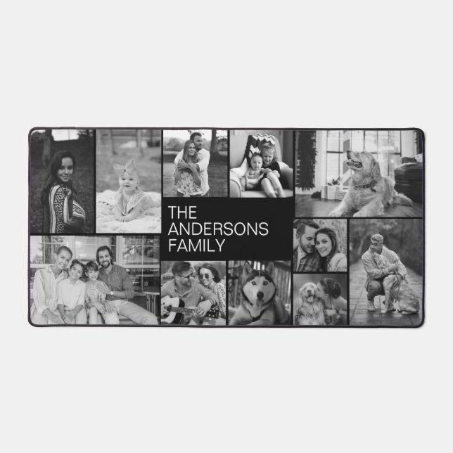 Simple Black and White 11 Family Photo Collage  Desk Mat (Front)