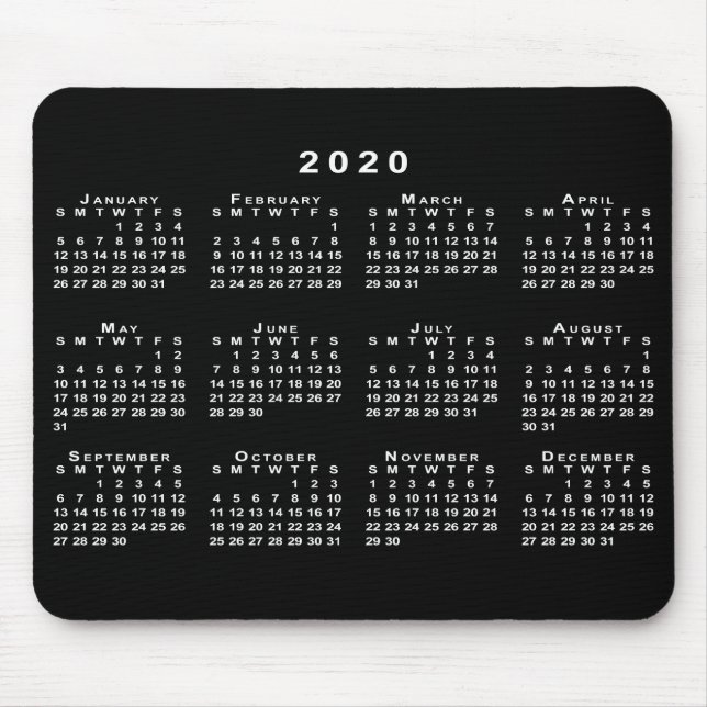 Simple Black and White 2020 Calendar Mouse Mat (Front)