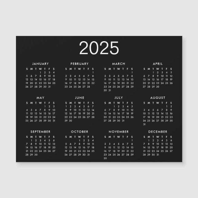 Simple Black And White 2025 Calendar Magnet (Front)