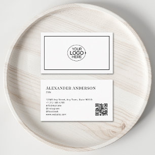 Simple Black and White Add Your Logo Minimal QR  Business Card