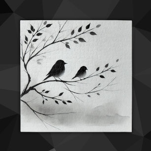 Simple Black and White Birds Perching in Trees Jigsaw Puzzle