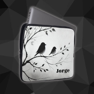 Simple Black and White Birds Perching in Trees Laptop Sleeve