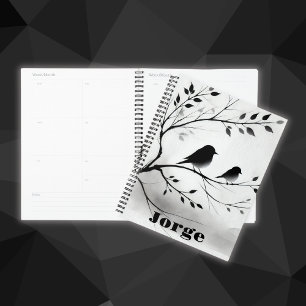 Simple Black and White Birds Perching in Trees Planner