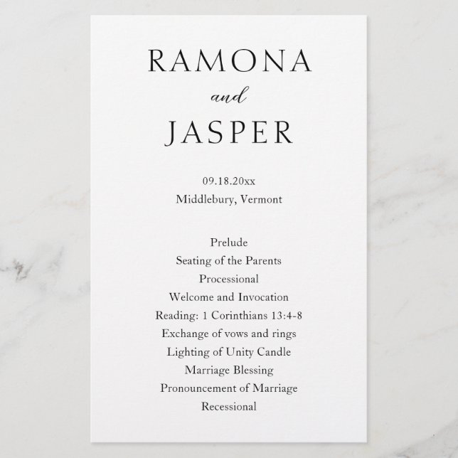 Simple Black and White Bold Modern Wedding Program Flyer (Front)