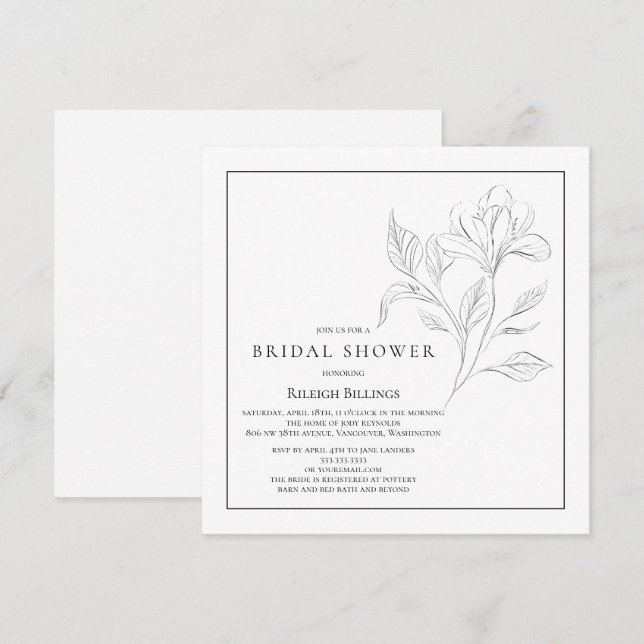 Simple Black and White Bridal Shower Floral Invitation (Front/Back)