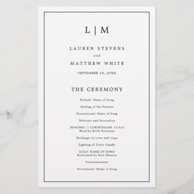 Simple Black and White Budget Wedding Program Flyer (Front)