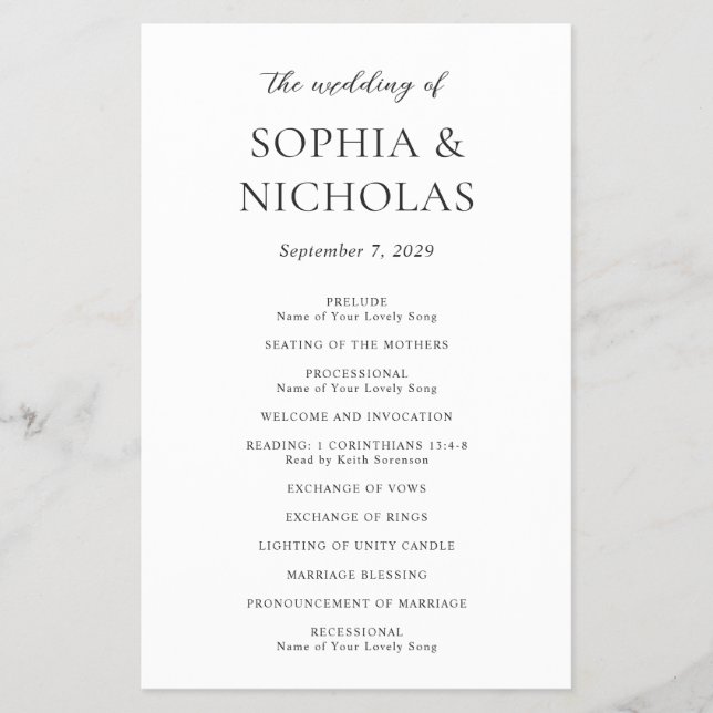 Simple Black and White Budget Wedding Program Flyer (Front)