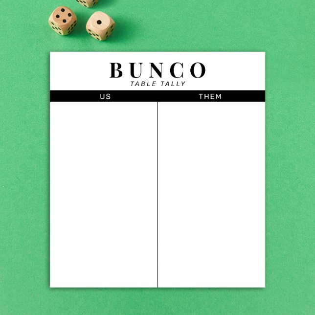 Simple Black and White Bunco Table Tally Notepad (modern tear-off notepad Bunco score card with black and white graphic accents)