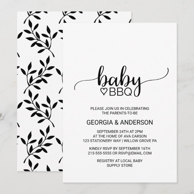 Simple Black and White Calligraphy Baby BBQ Invitation (Front/Back)